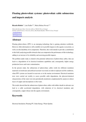 PDF Document Cover - Analysis of Photovoltaic Cable Submersion in Floating PV Systems: Impacts on Insulation and Water Quality