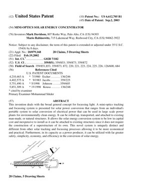 PDF Document Cover - Mini-Optics Solar Energy Concentrator: Patent Analysis and Technical Review