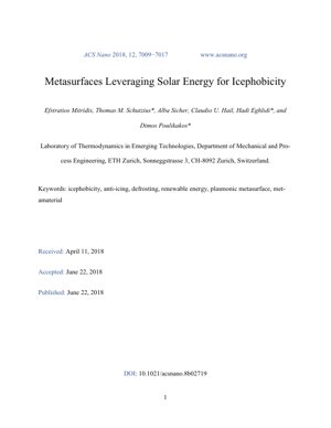 PDF Document Cover - Solar-Powered Icephobicity via Plasmonic Metasurfaces: A Passive Anti-Icing Strategy