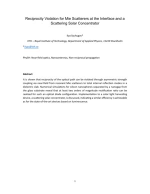 PDF Document Cover - Reciprocity Violation via Mie Scatterers and Application in Solar Concentrators