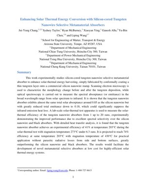 PDF Document Cover - Experimental Study of Silicon-Cored Tungsten Nanowire Selective Metamaterial Absorbers for Enhanced Solar-Thermal Conversion
